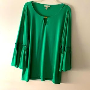 Green Xl blouse w cute bell sleeves , keyhole neck w a gold metal piece .